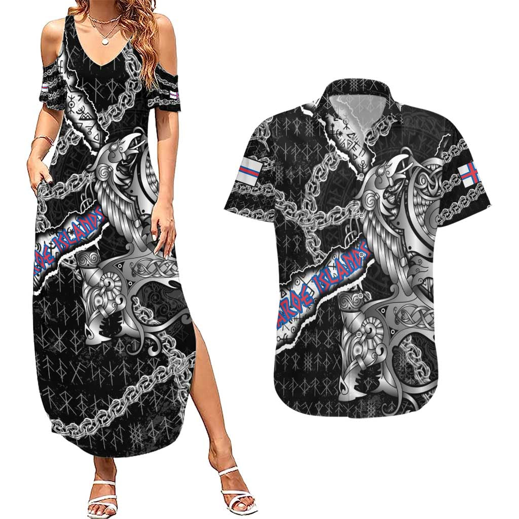 Personalized Faroe Islands Vikings Couples Matching Summer Maxi Dress and Hawaiian Shirt Nordic Lion Bound in Runes and Chains