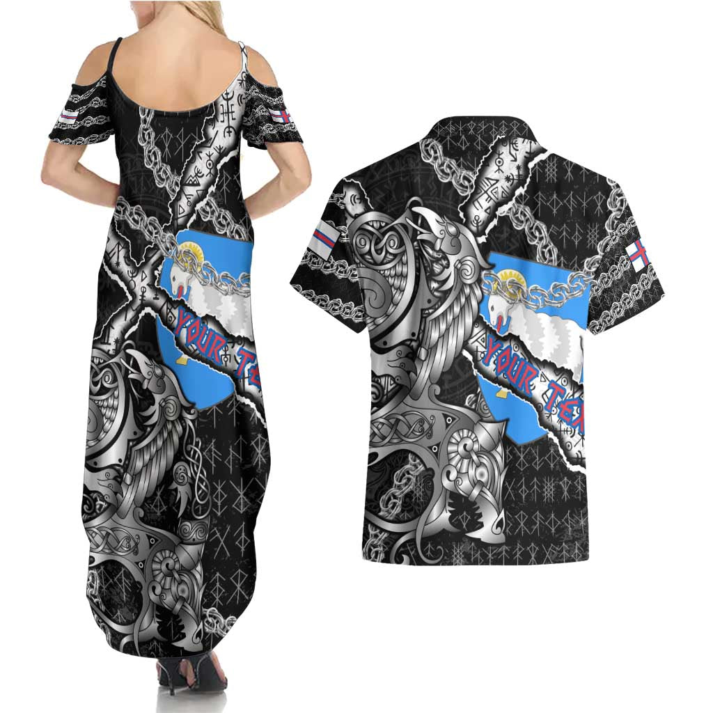 Personalized Faroe Islands Vikings Couples Matching Summer Maxi Dress and Hawaiian Shirt Nordic Lion Bound in Runes and Chains