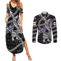 Personalized Faroe Islands Vikings Couples Matching Summer Maxi Dress and Long Sleeve Button Shirt Nordic Lion Bound in Runes and Chains