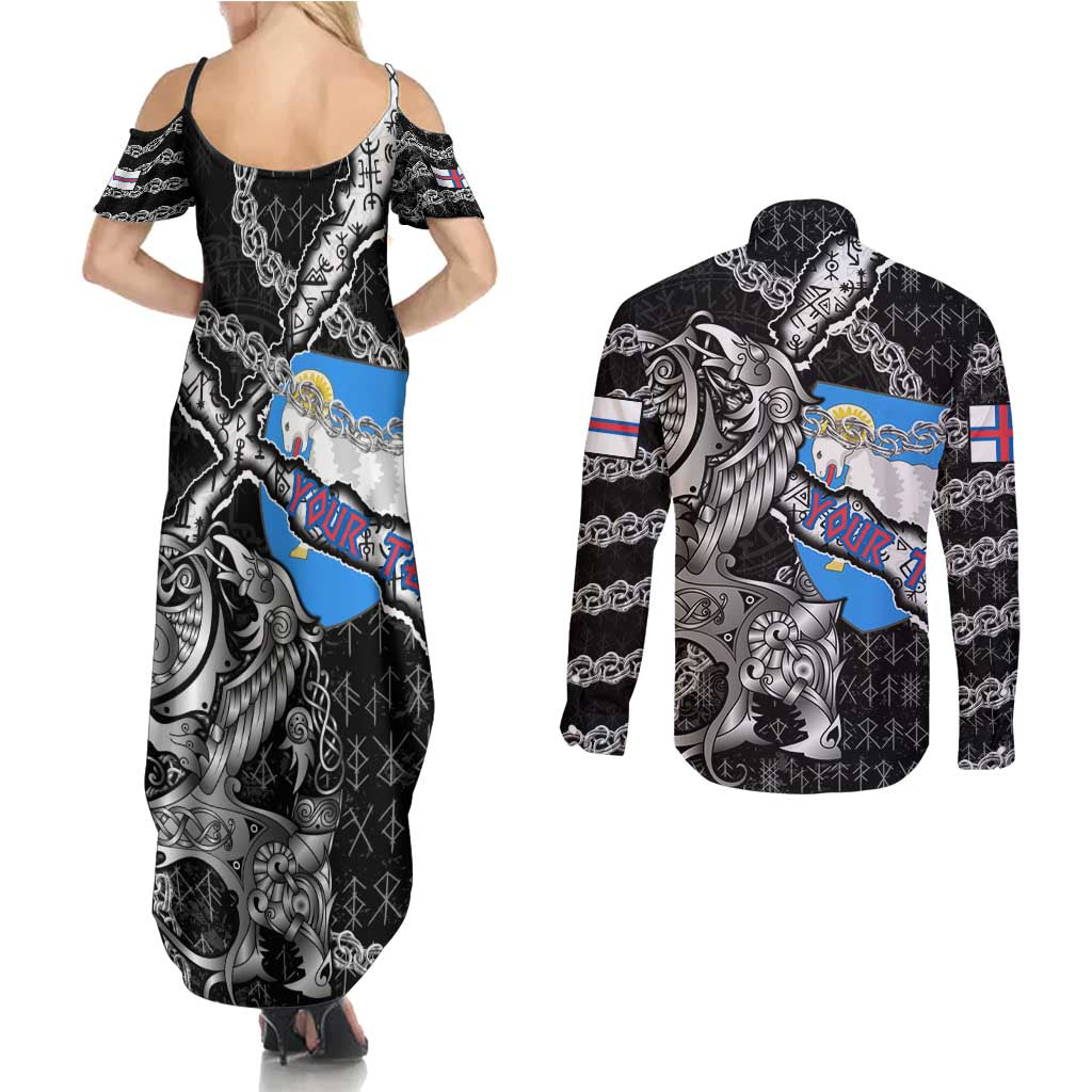 Personalized Faroe Islands Vikings Couples Matching Summer Maxi Dress and Long Sleeve Button Shirt Nordic Lion Bound in Runes and Chains