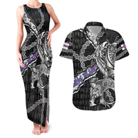 Personalized Faroe Islands Vikings Couples Matching Tank Maxi Dress and Hawaiian Shirt Nordic Lion Bound in Runes and Chains