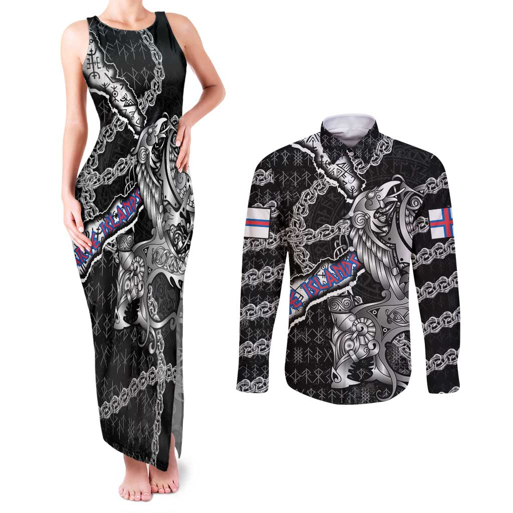 Personalized Faroe Islands Vikings Couples Matching Tank Maxi Dress and Long Sleeve Button Shirt Nordic Lion Bound in Runes and Chains