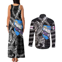 Personalized Faroe Islands Vikings Couples Matching Tank Maxi Dress and Long Sleeve Button Shirt Nordic Lion Bound in Runes and Chains