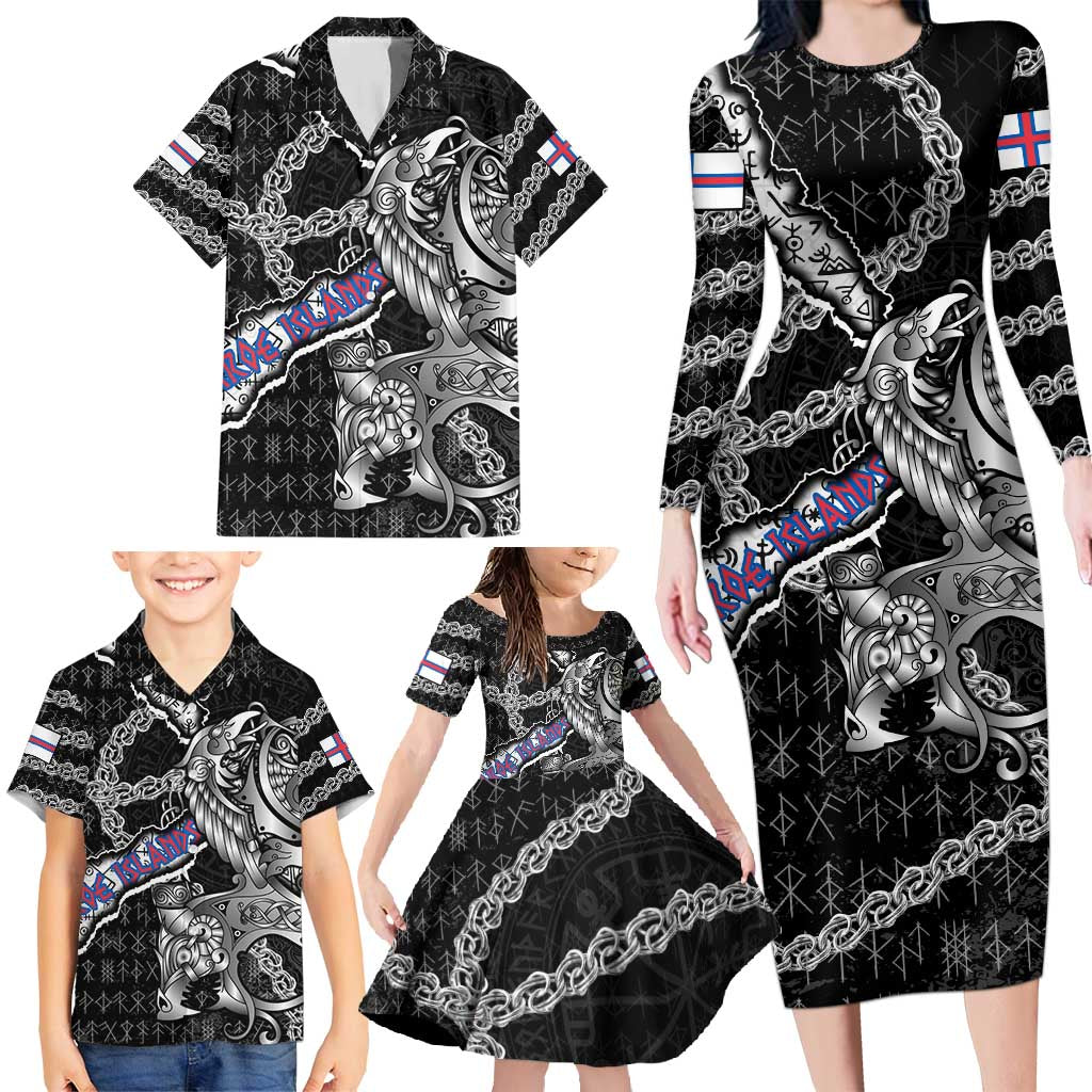 Personalized Faroe Islands Vikings Family Matching Long Sleeve Bodycon Dress and Hawaiian Shirt Nordic Lion Bound in Runes and Chains