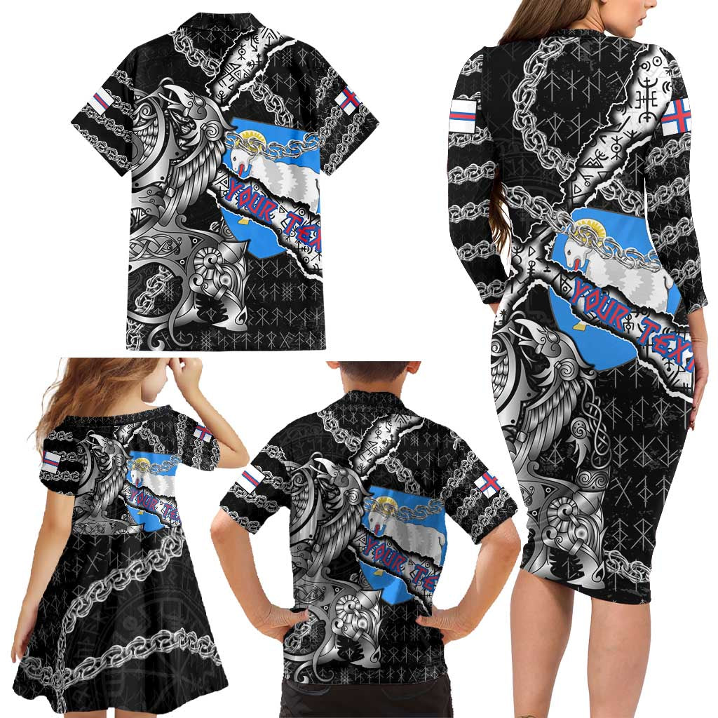 Personalized Faroe Islands Vikings Family Matching Long Sleeve Bodycon Dress and Hawaiian Shirt Nordic Lion Bound in Runes and Chains