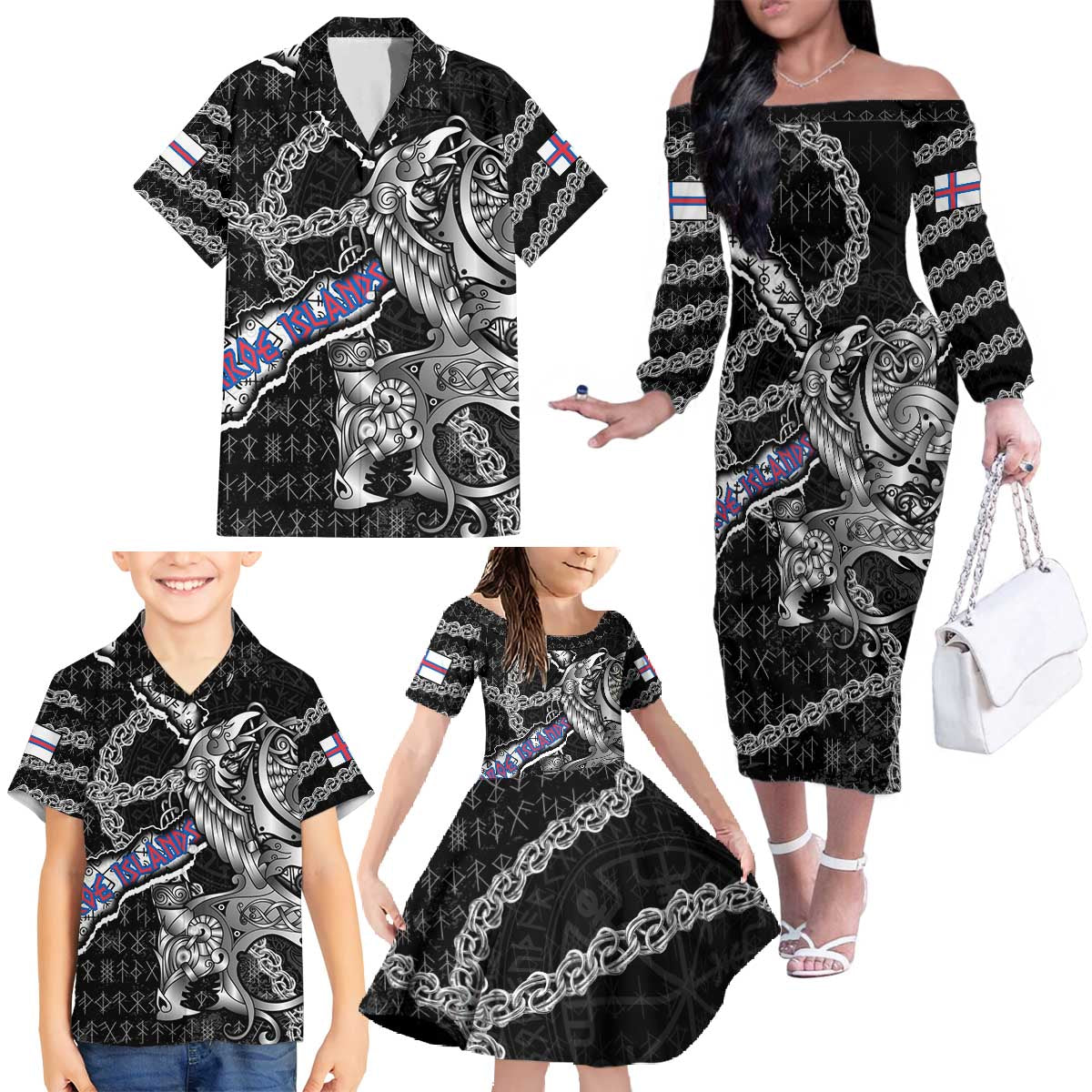 Personalized Faroe Islands Vikings Family Matching Off The Shoulder Long Sleeve Dress and Hawaiian Shirt Nordic Lion Bound in Runes and Chains