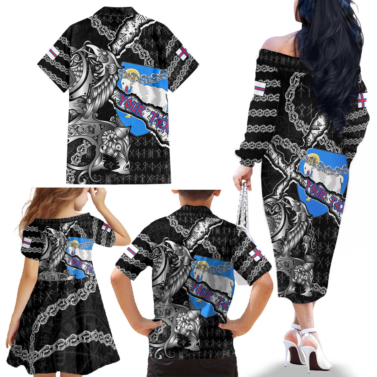 Personalized Faroe Islands Vikings Family Matching Off The Shoulder Long Sleeve Dress and Hawaiian Shirt Nordic Lion Bound in Runes and Chains