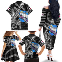 Personalized Faroe Islands Vikings Family Matching Off The Shoulder Long Sleeve Dress and Hawaiian Shirt Nordic Lion Bound in Runes and Chains