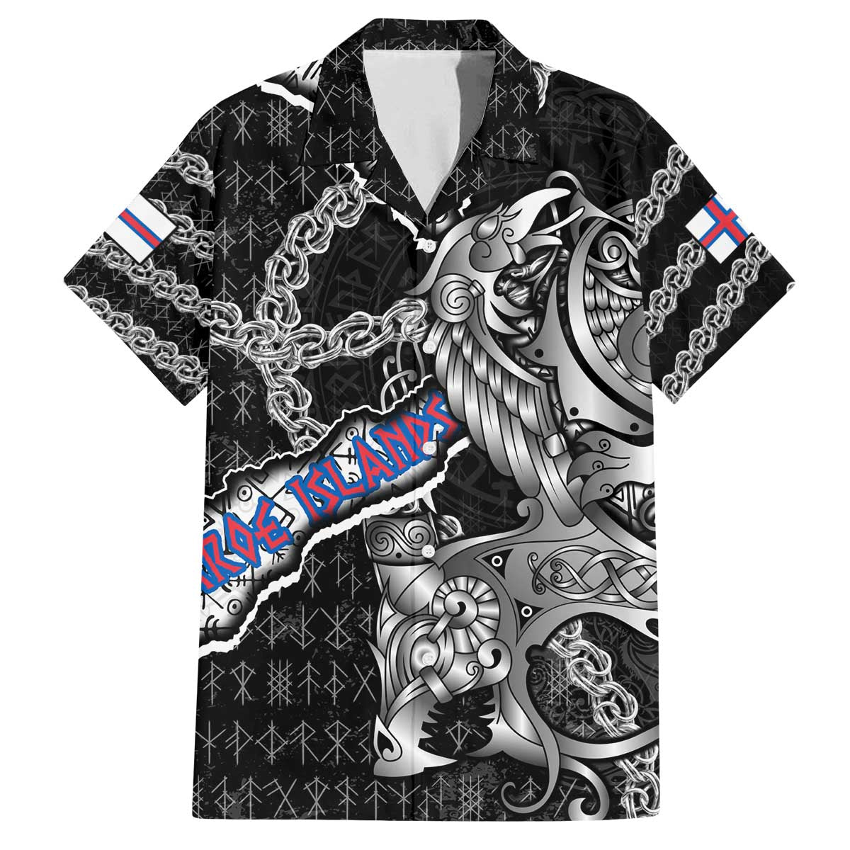 Personalized Faroe Islands Vikings Family Matching Off The Shoulder Long Sleeve Dress and Hawaiian Shirt Nordic Lion Bound in Runes and Chains