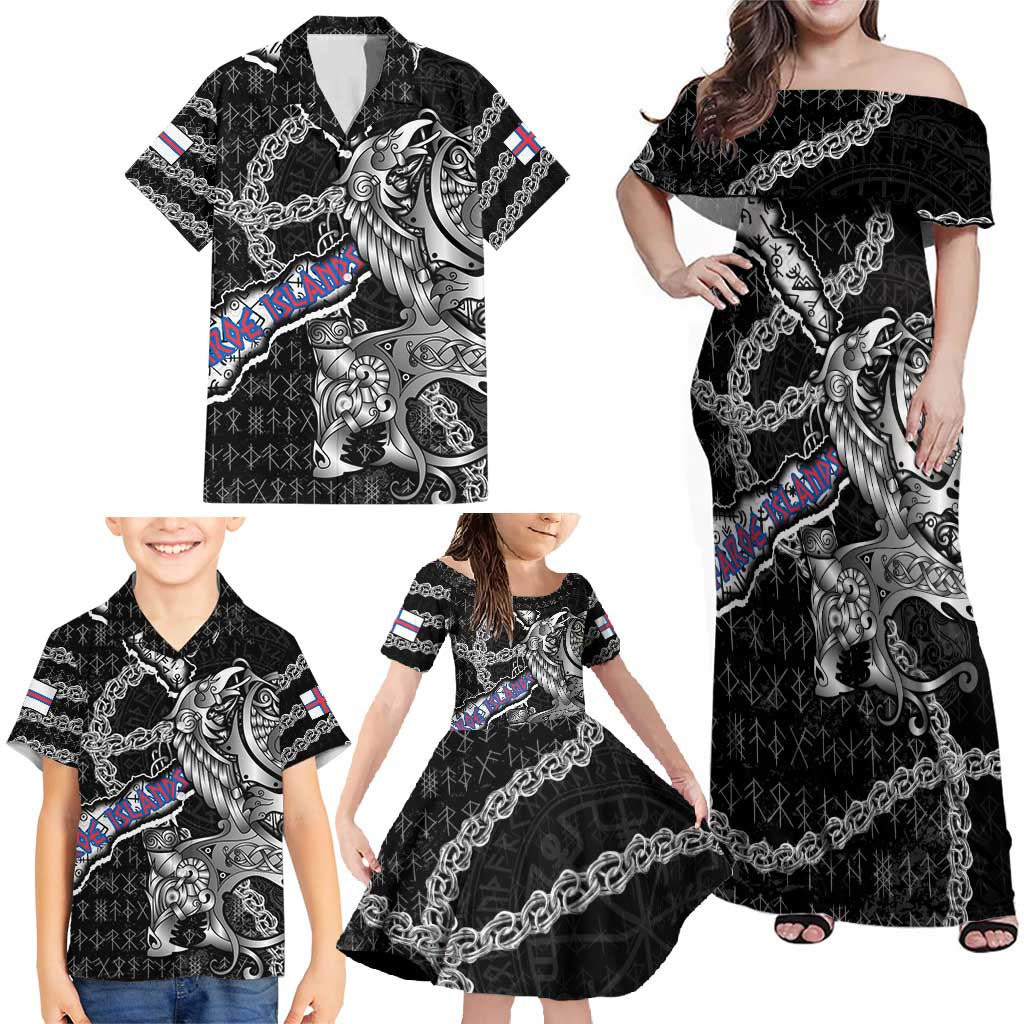 Personalized Faroe Islands Vikings Family Matching Off Shoulder Maxi Dress and Hawaiian Shirt Nordic Lion Bound in Runes and Chains
