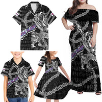 Personalized Faroe Islands Vikings Family Matching Off Shoulder Maxi Dress and Hawaiian Shirt Nordic Lion Bound in Runes and Chains