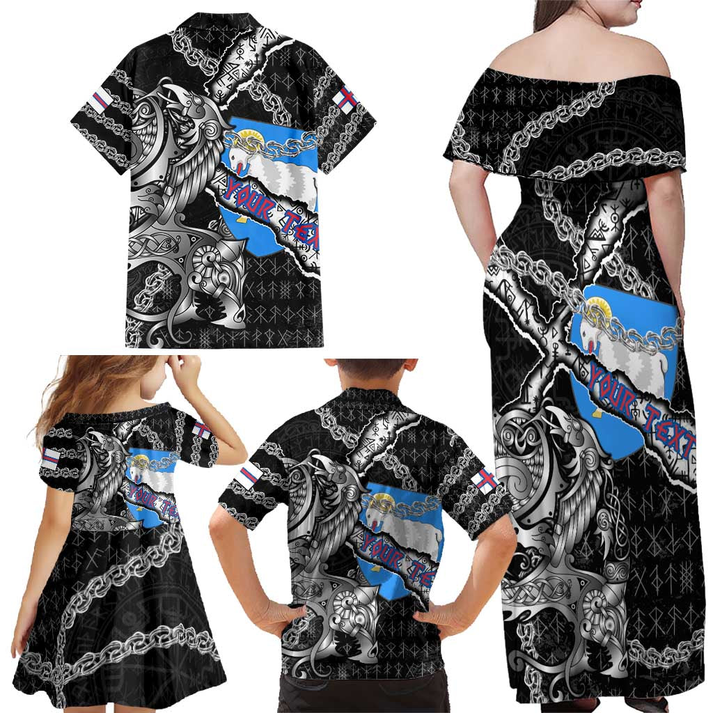 Personalized Faroe Islands Vikings Family Matching Off Shoulder Maxi Dress and Hawaiian Shirt Nordic Lion Bound in Runes and Chains