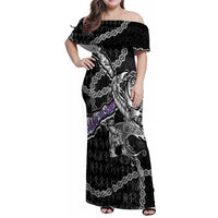 Personalized Faroe Islands Vikings Family Matching Off Shoulder Maxi Dress and Hawaiian Shirt Nordic Lion Bound in Runes and Chains