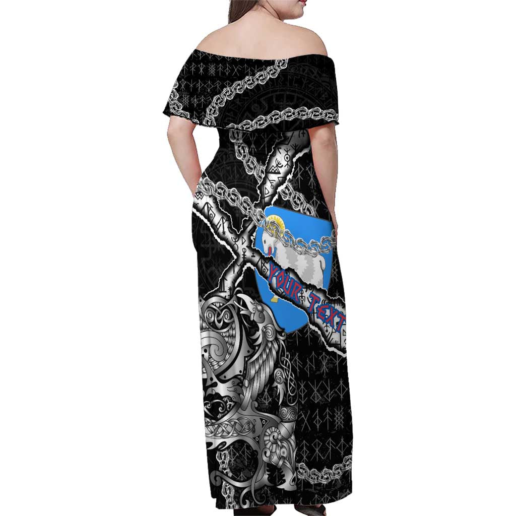 Personalized Faroe Islands Vikings Family Matching Off Shoulder Maxi Dress and Hawaiian Shirt Nordic Lion Bound in Runes and Chains