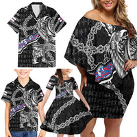 Personalized Faroe Islands Vikings Family Matching Off Shoulder Short Dress and Hawaiian Shirt Nordic Lion Bound in Runes and Chains