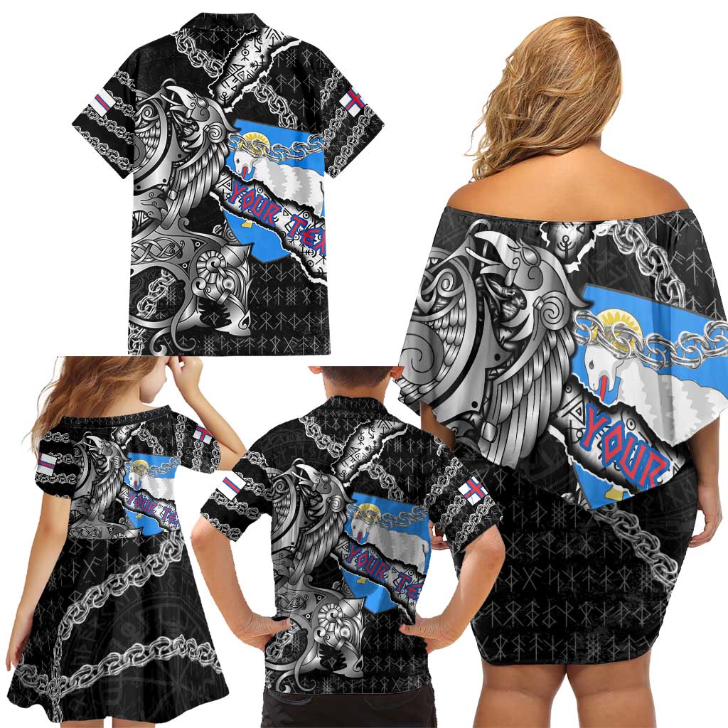 Personalized Faroe Islands Vikings Family Matching Off Shoulder Short Dress and Hawaiian Shirt Nordic Lion Bound in Runes and Chains