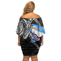 Personalized Faroe Islands Vikings Family Matching Off Shoulder Short Dress and Hawaiian Shirt Nordic Lion Bound in Runes and Chains