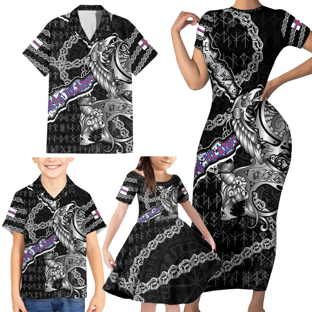 Personalized Faroe Islands Vikings Family Matching Short Sleeve Bodycon Dress and Hawaiian Shirt Nordic Lion Bound in Runes and Chains