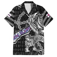 Personalized Faroe Islands Vikings Family Matching Short Sleeve Bodycon Dress and Hawaiian Shirt Nordic Lion Bound in Runes and Chains