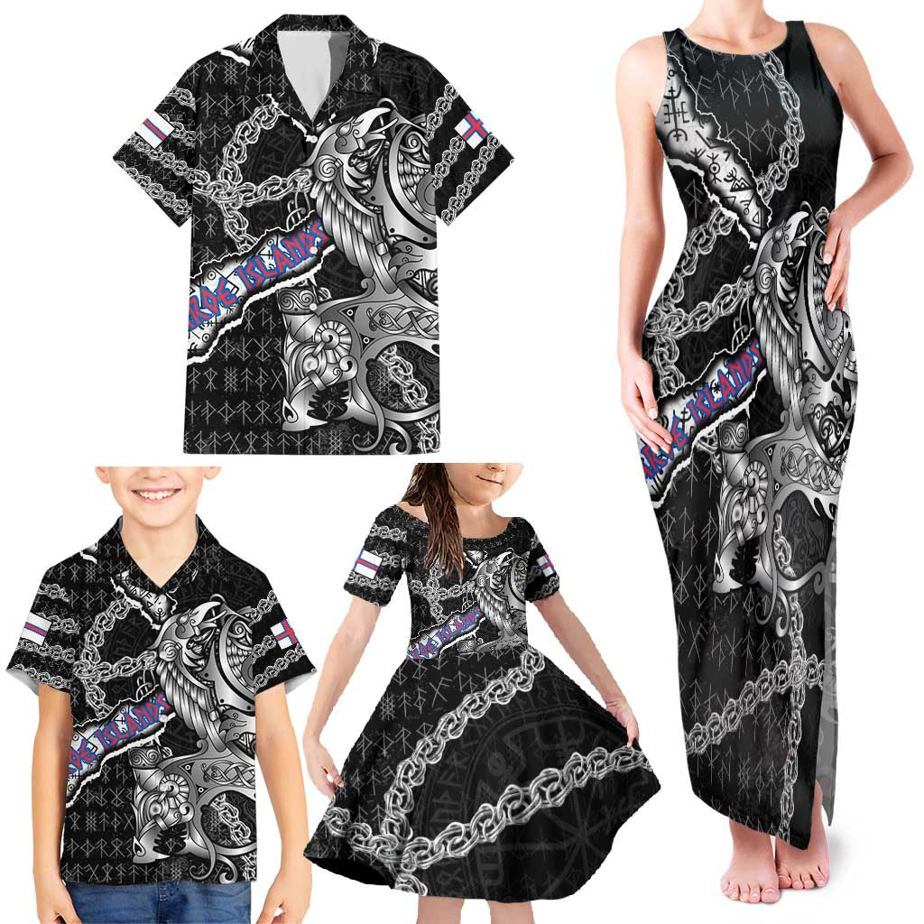 Personalized Faroe Islands Vikings Family Matching Tank Maxi Dress and Hawaiian Shirt Nordic Lion Bound in Runes and Chains