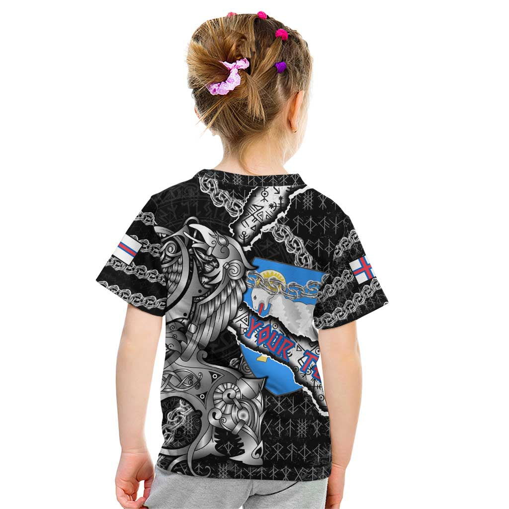 Personalized Faroe Islands Vikings Kid T Shirt Nordic Lion Bound in Runes and Chains