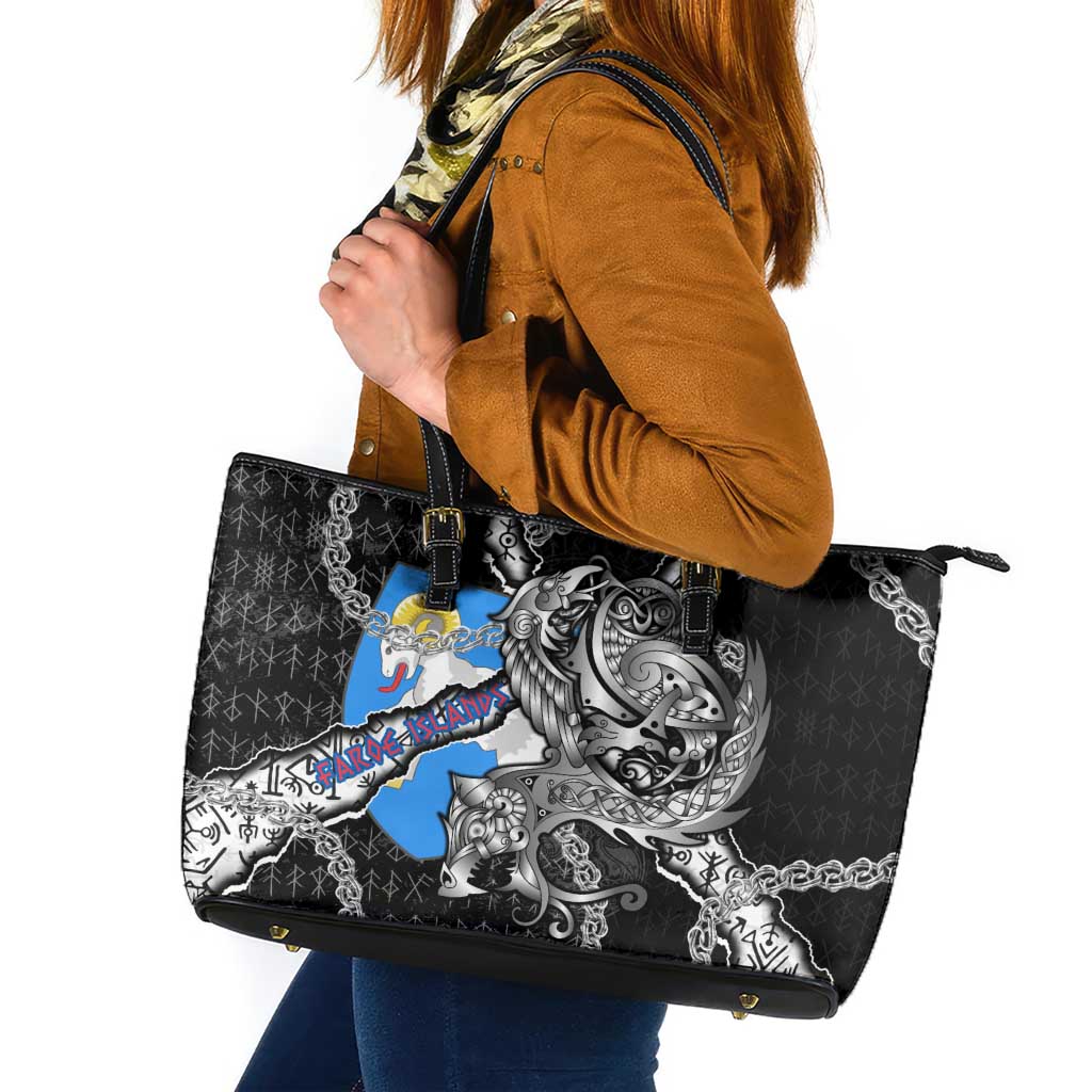Faroe Islands Vikings Leather Tote Bag Nordic Lion Bound in Runes and Chains