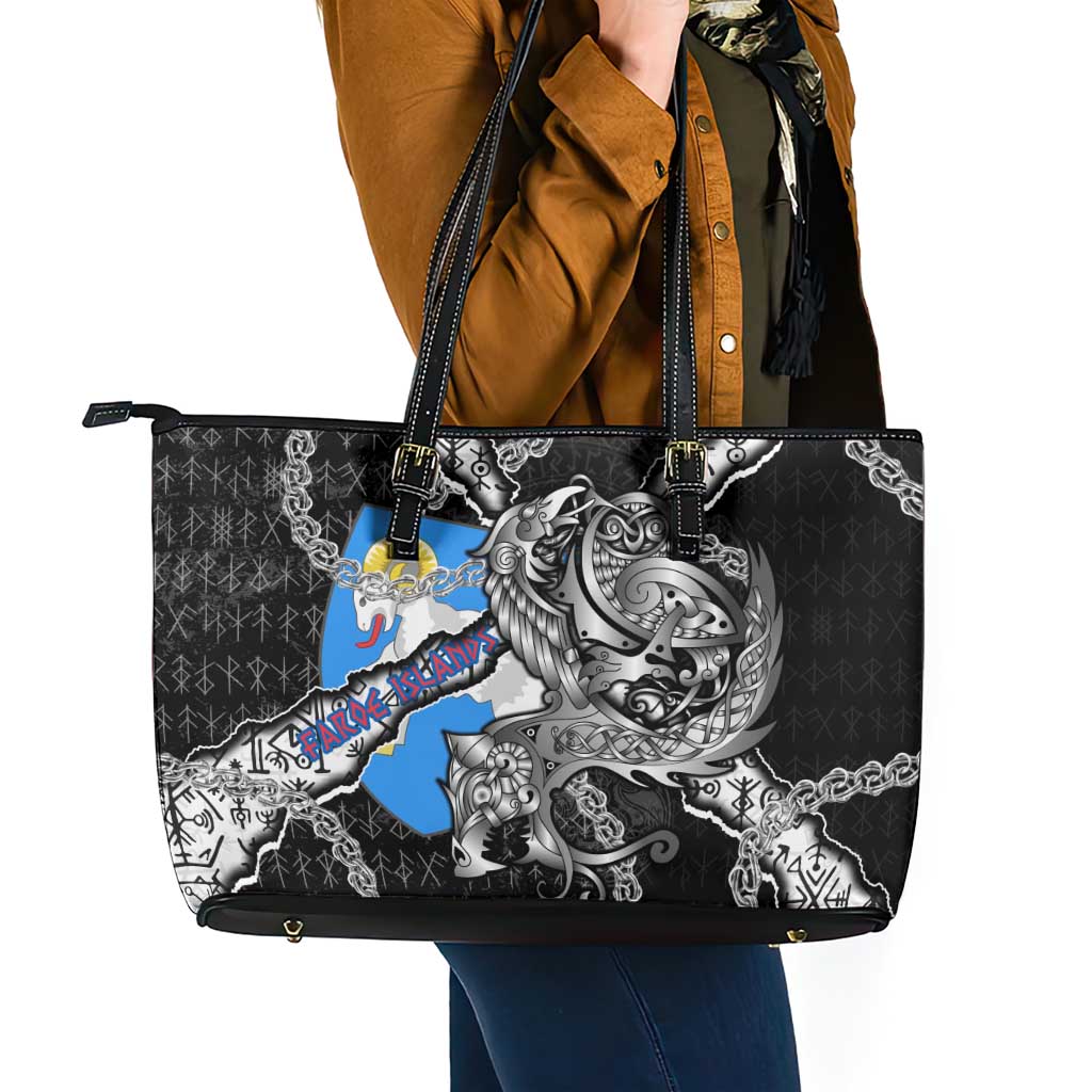 Faroe Islands Vikings Leather Tote Bag Nordic Lion Bound in Runes and Chains