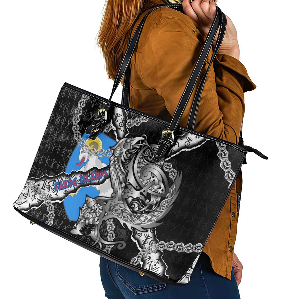 Faroe Islands Vikings Leather Tote Bag Nordic Lion Bound in Runes and Chains
