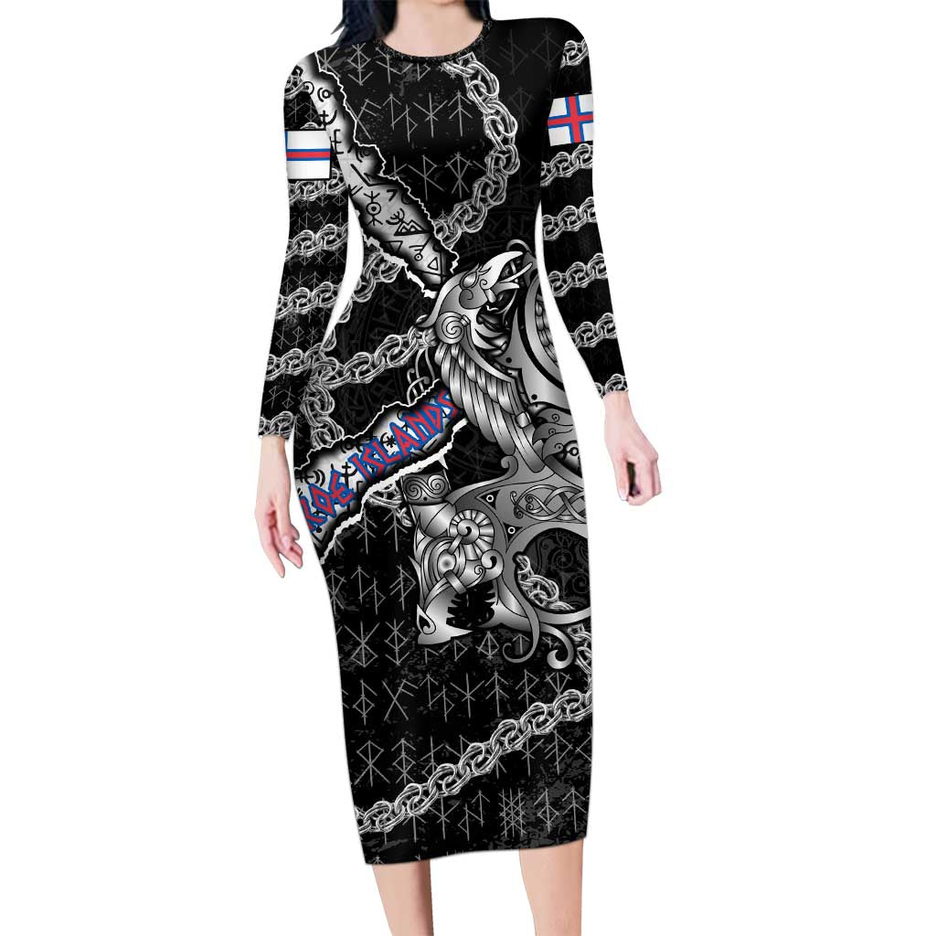 Personalized Faroe Islands Vikings Long Sleeve Bodycon Dress Nordic Lion Bound in Runes and Chains
