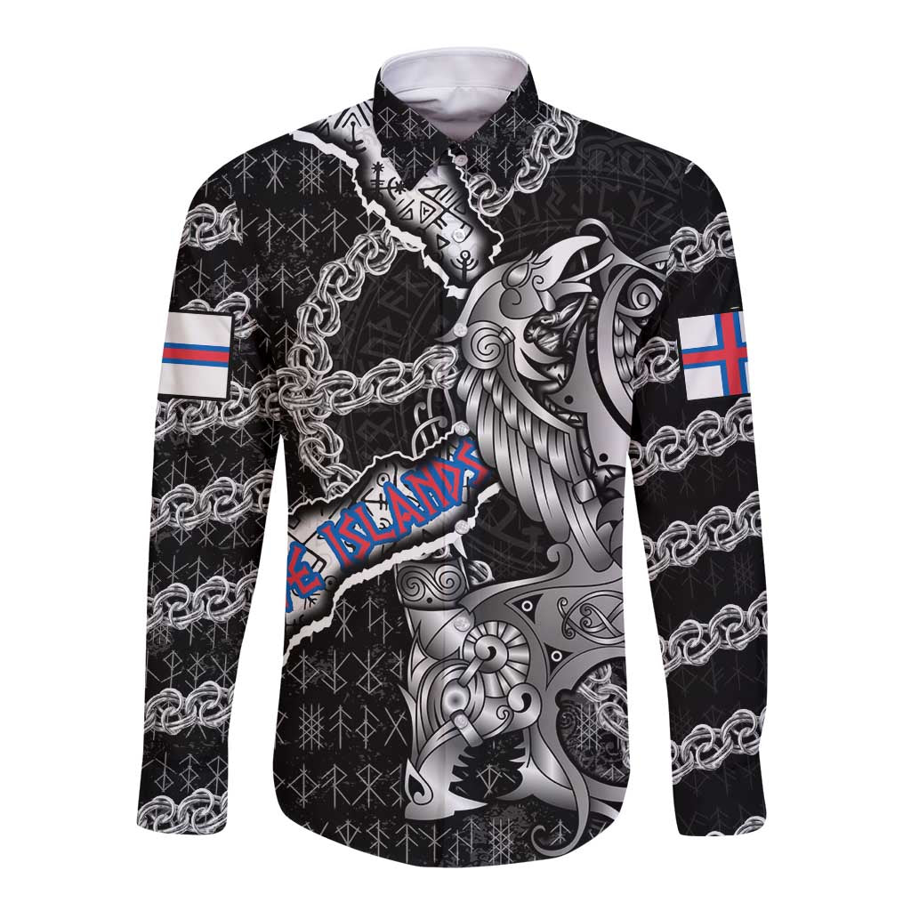 Personalized Faroe Islands Vikings Long Sleeve Button Shirt Nordic Lion Bound in Runes and Chains