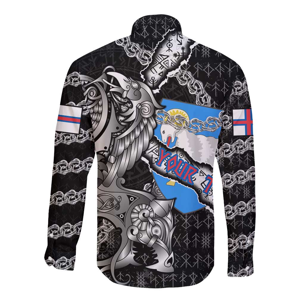 Personalized Faroe Islands Vikings Long Sleeve Button Shirt Nordic Lion Bound in Runes and Chains