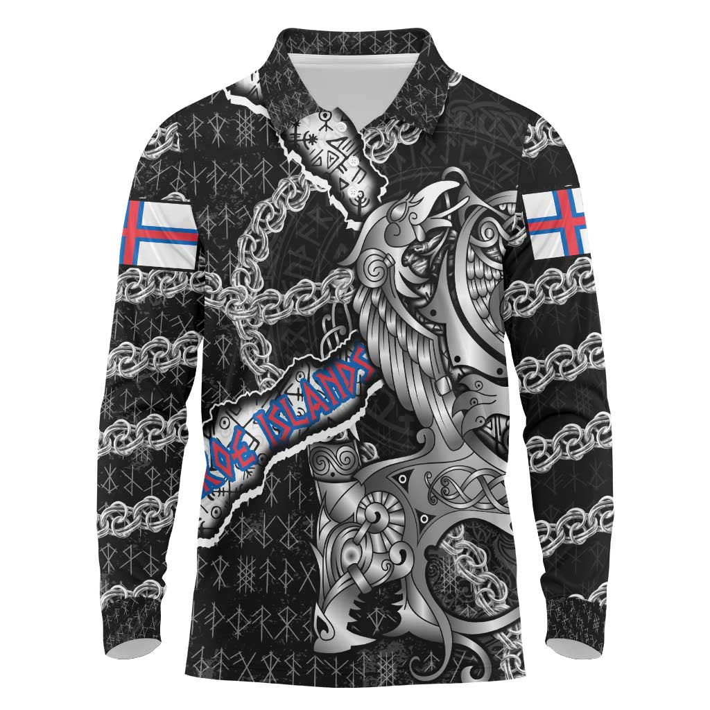 Personalized Faroe Islands Vikings Long Sleeve Polo Shirt Nordic Lion Bound in Runes and Chains