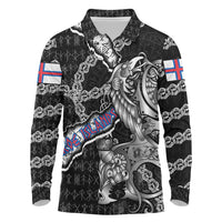 Personalized Faroe Islands Vikings Long Sleeve Polo Shirt Nordic Lion Bound in Runes and Chains