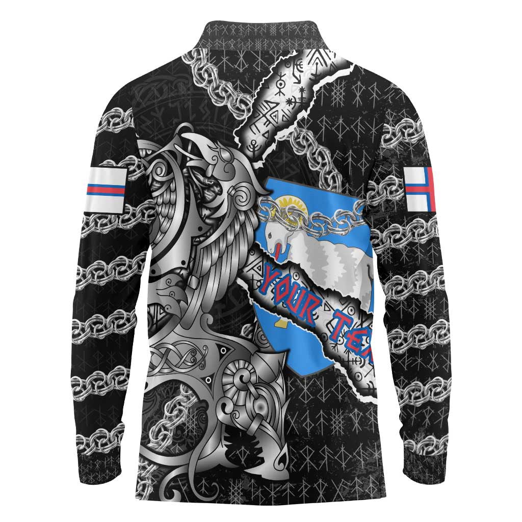 Personalized Faroe Islands Vikings Long Sleeve Polo Shirt Nordic Lion Bound in Runes and Chains