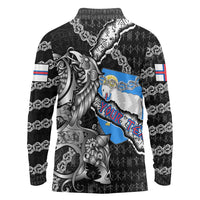 Personalized Faroe Islands Vikings Long Sleeve Polo Shirt Nordic Lion Bound in Runes and Chains