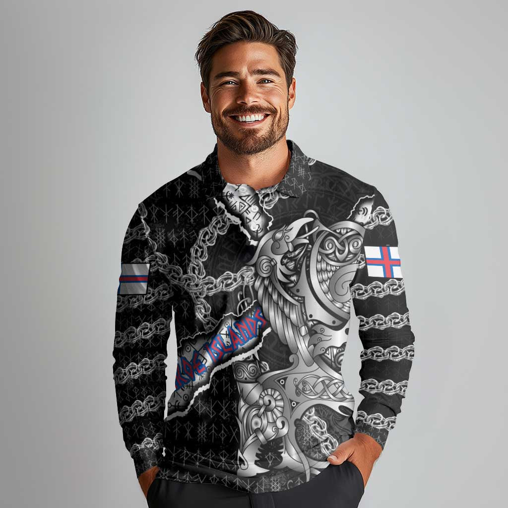 Personalized Faroe Islands Vikings Long Sleeve Polo Shirt Nordic Lion Bound in Runes and Chains
