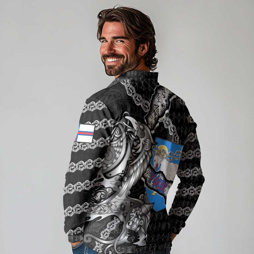 Personalized Faroe Islands Vikings Long Sleeve Polo Shirt Nordic Lion Bound in Runes and Chains