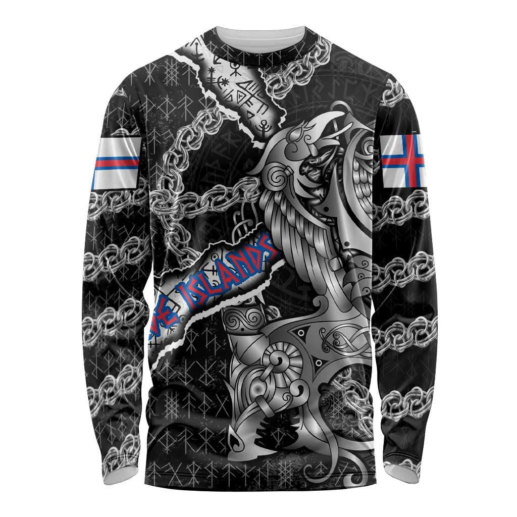 Personalized Faroe Islands Vikings Long Sleeve Shirt Nordic Lion Bound in Runes and Chains