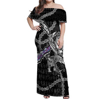 Personalized Faroe Islands Vikings Off Shoulder Maxi Dress Nordic Lion Bound in Runes and Chains