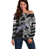 Personalized Faroe Islands Vikings Off Shoulder Sweater Nordic Lion Bound in Runes and Chains