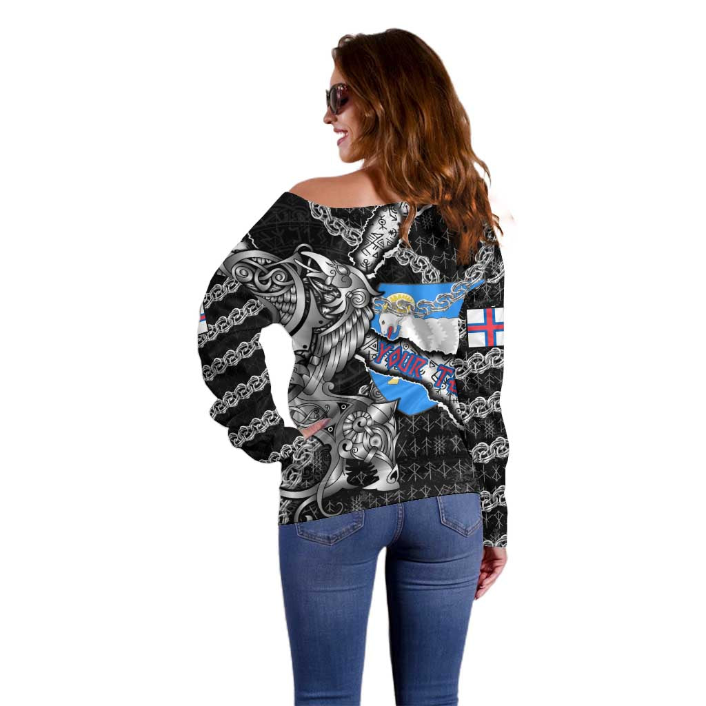 Personalized Faroe Islands Vikings Off Shoulder Sweater Nordic Lion Bound in Runes and Chains