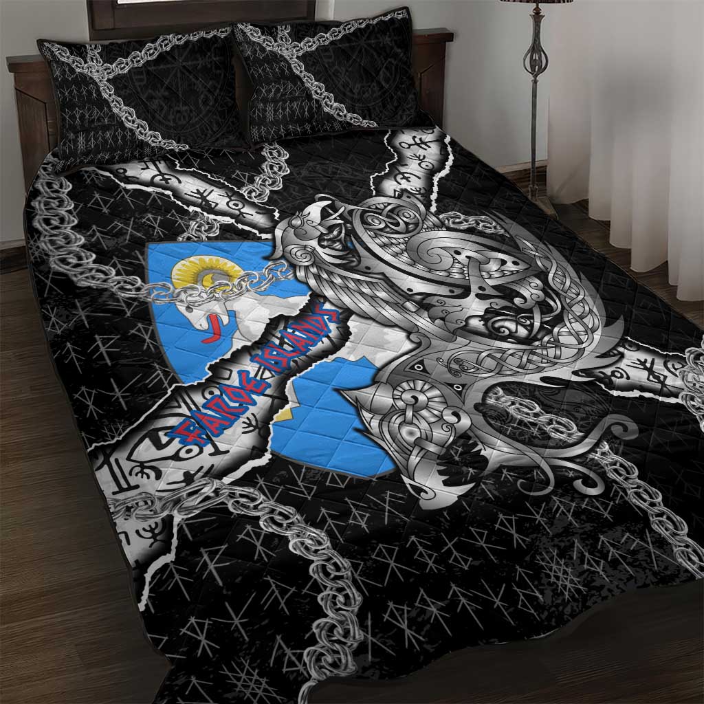 Faroe Islands Vikings Quilt Bed Set Nordic Lion Bound in Runes and Chains