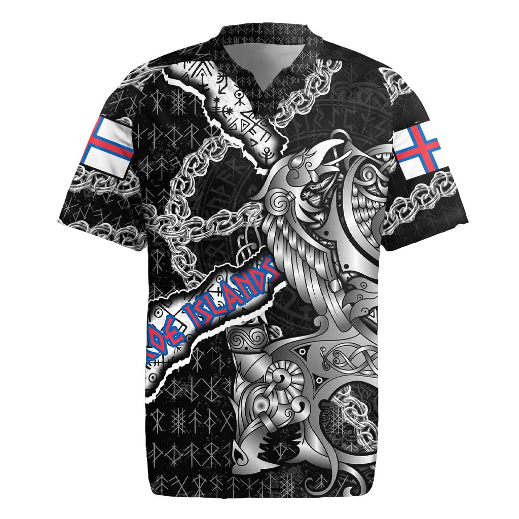Personalized Faroe Islands Vikings Rugby Jersey Nordic Lion Bound in Runes and Chains