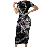 Personalized Faroe Islands Vikings Short Sleeve Bodycon Dress Nordic Lion Bound in Runes and Chains