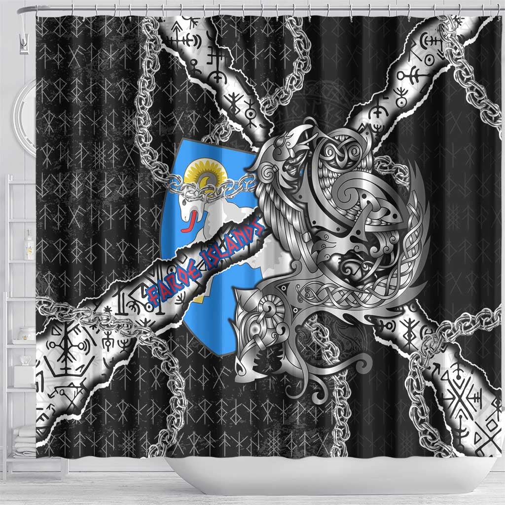 Faroe Islands Vikings Shower Curtain Nordic Lion Bound in Runes and Chains