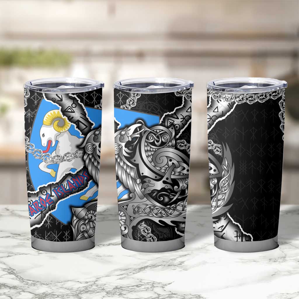 Faroe Islands Vikings Tumbler Cup Nordic Lion Bound in Runes and Chains