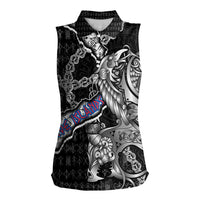Personalized Faroe Islands Vikings Women Sleeveless Polo Shirt Nordic Lion Bound in Runes and Chains