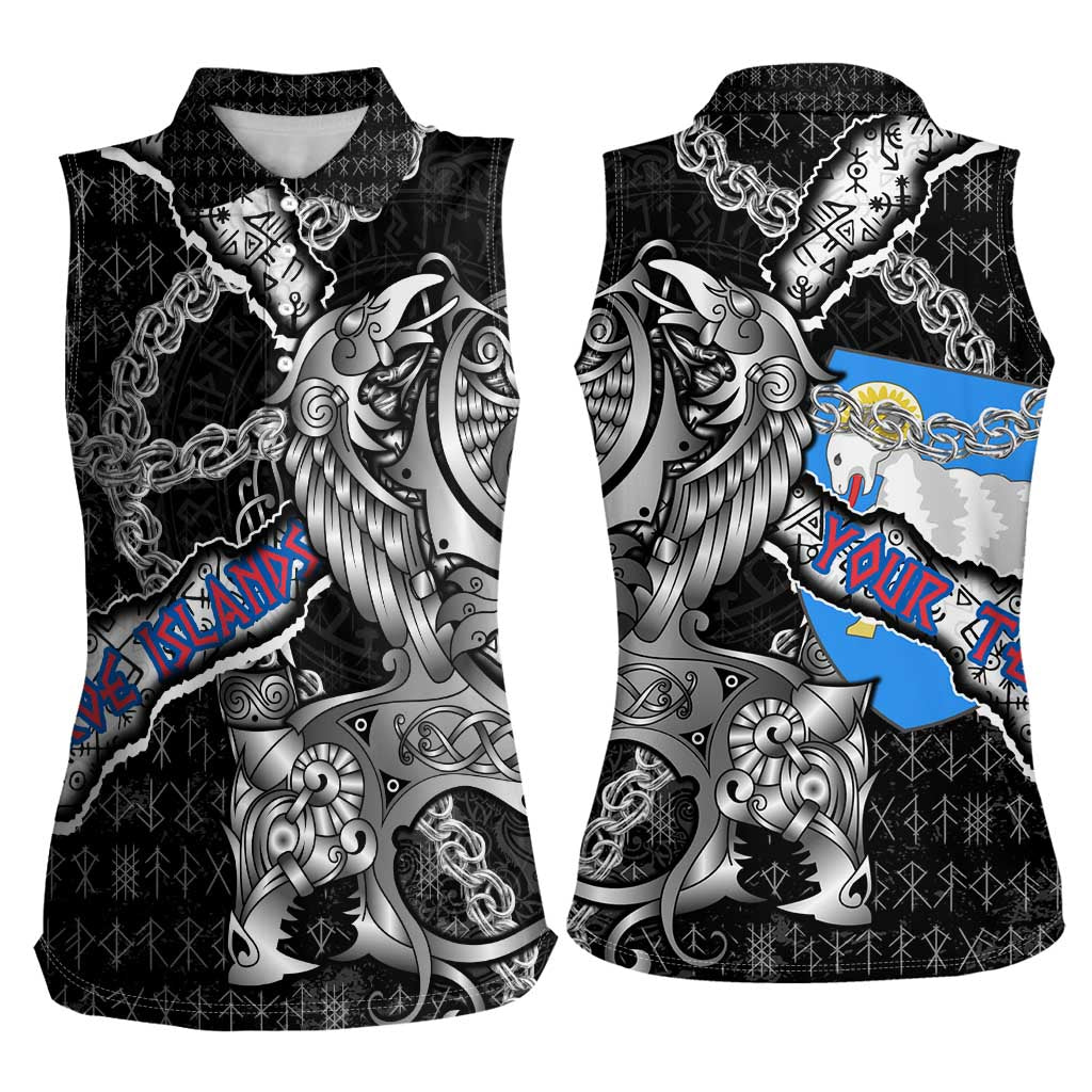 Personalized Faroe Islands Vikings Women Sleeveless Polo Shirt Nordic Lion Bound in Runes and Chains
