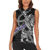 Personalized Faroe Islands Vikings Women Sleeveless Polo Shirt Nordic Lion Bound in Runes and Chains