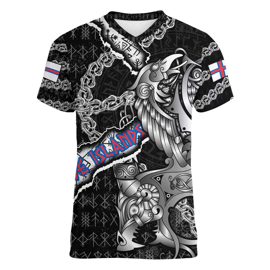 Personalized Faroe Islands Vikings Women V-Neck T-Shirt Nordic Lion Bound in Runes and Chains